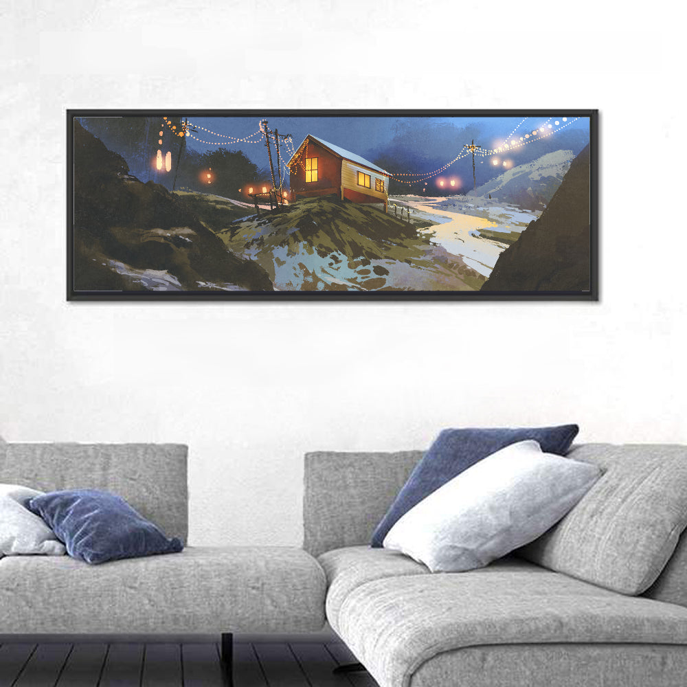 Wooden Cabin in Snowy Mountains Wall Art
