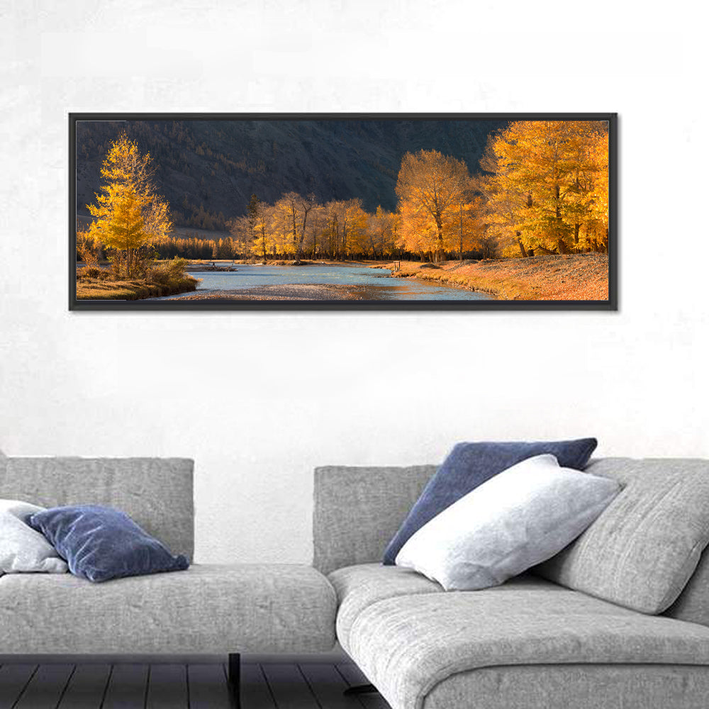 Autumn River Through Golden Forest Wall Art in a room, panoramic