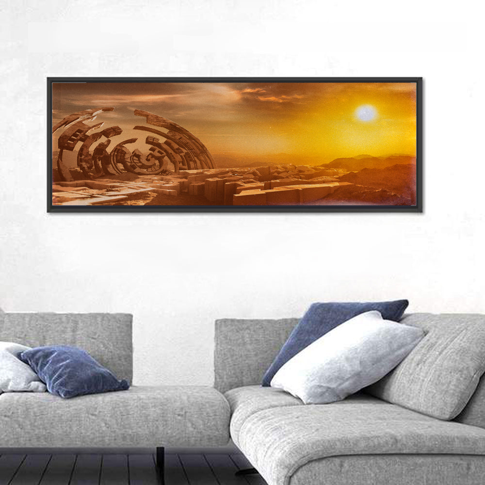 Deserted Alien Planet at Dusk Wall Art in a room, panoramic