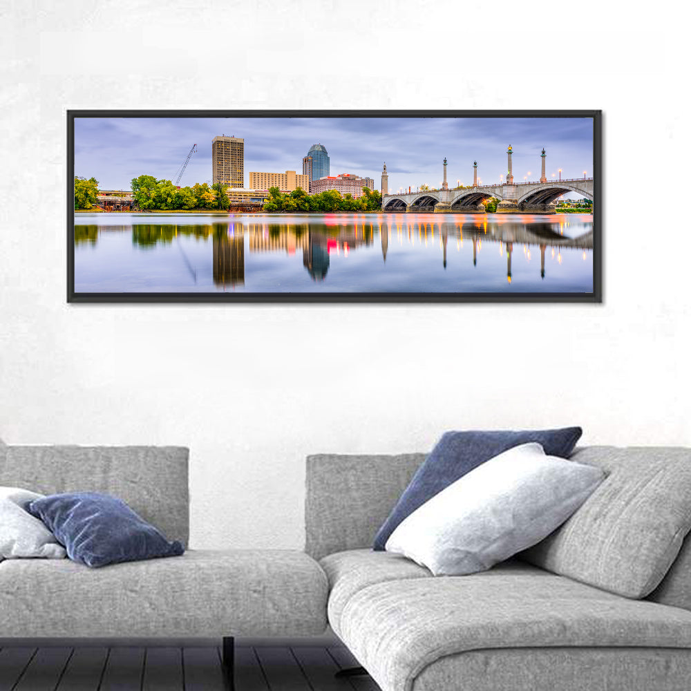 Springfield Memorial Bridge Skyline Wall Art in a room, panoramic