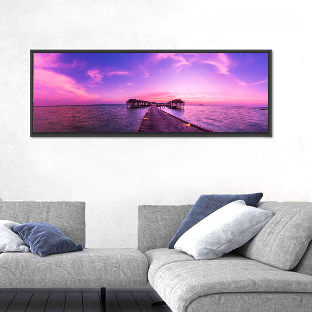 Sunset Pier Overwater Bungalows Wall Art in a room, panoramic