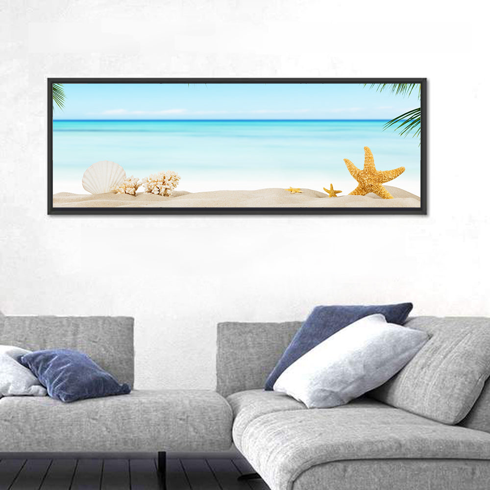 Seashell and Starfish Beach Still Life Wall Art in a room, panoramic