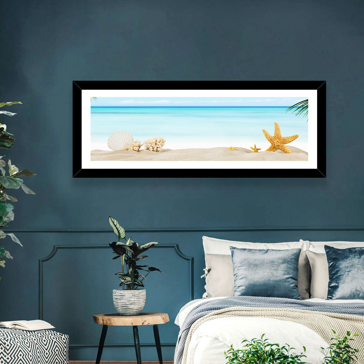 Seashell and Starfish Beach Still Life Wall Art in a room, panoramic