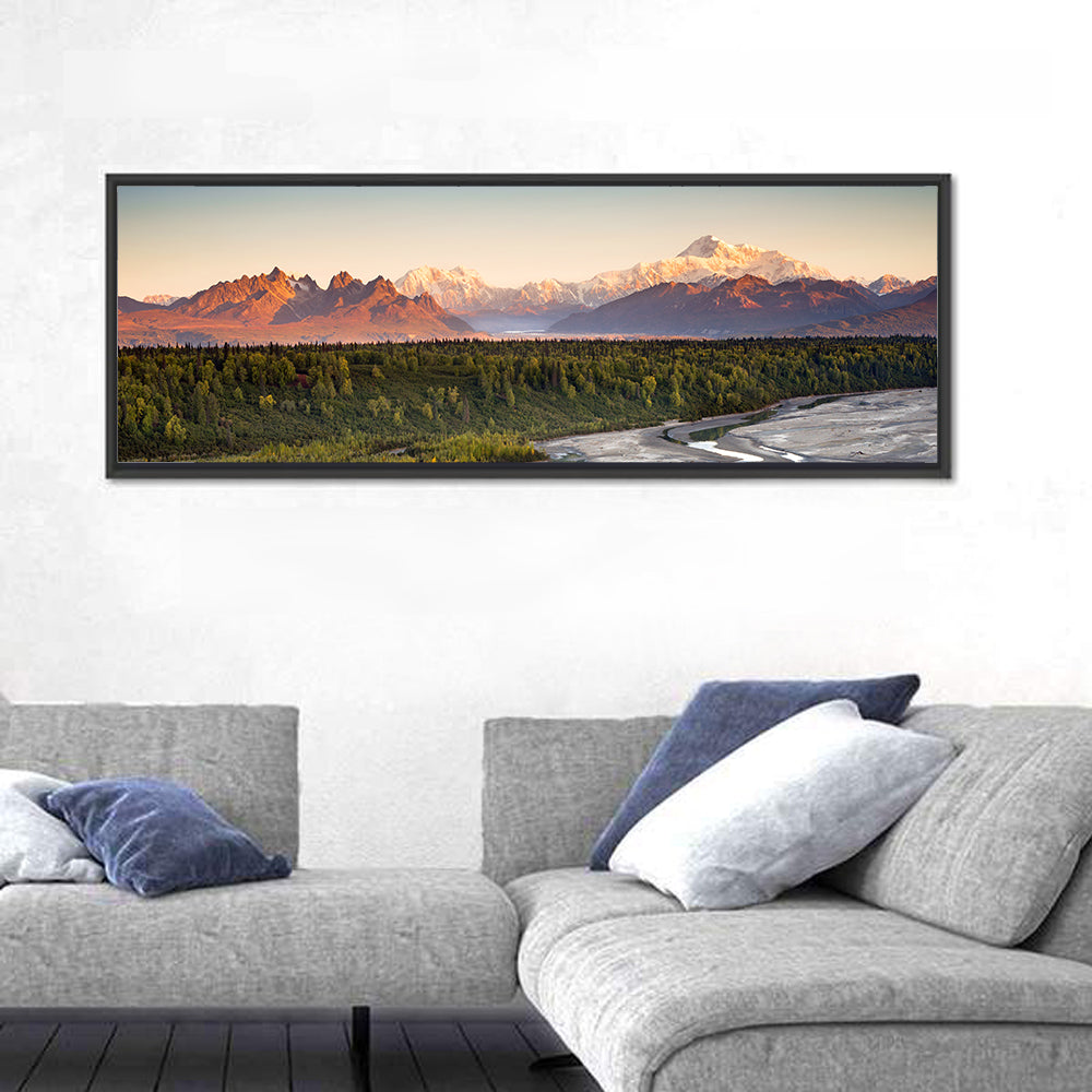 Denali Sunrise Over Boreal Forest Wall Art in a room, panoramic