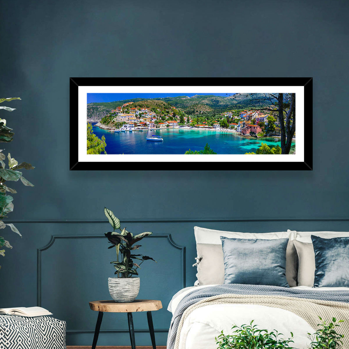 Assos Village Harbor View Wall Art in a room, panoramic