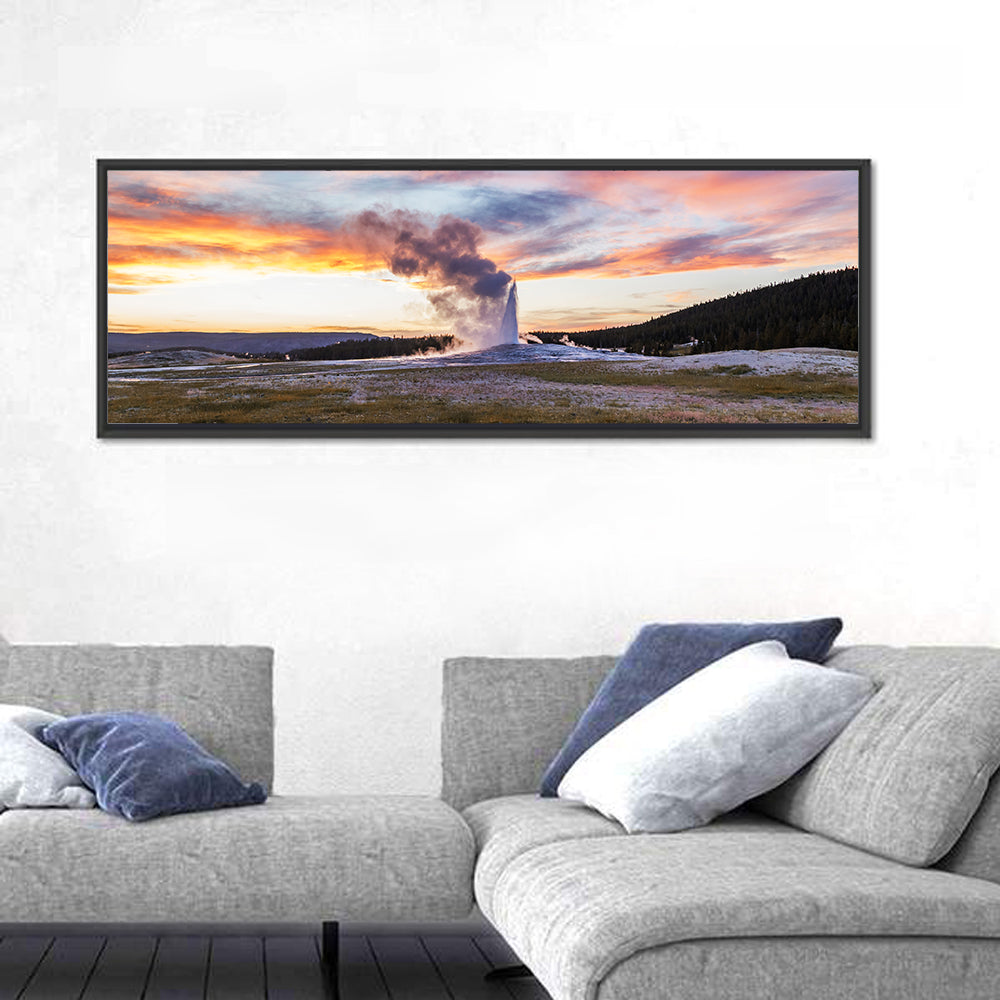 Old Faithful Erupting at Sunset Wall Art