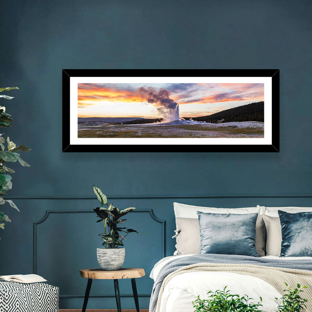 Old Faithful Erupting at Sunset Wall Art