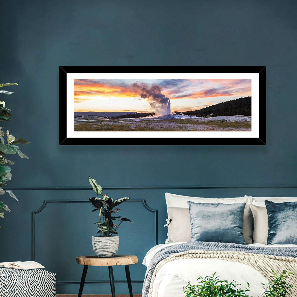 Old Faithful Erupting at Sunset Wall Art