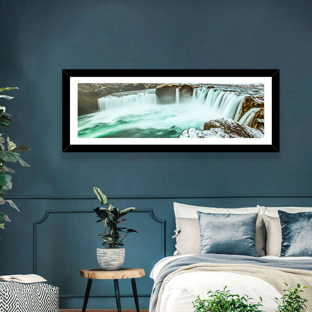 Goðafoss Winter Waterfall Wall Art in a room, panoramic