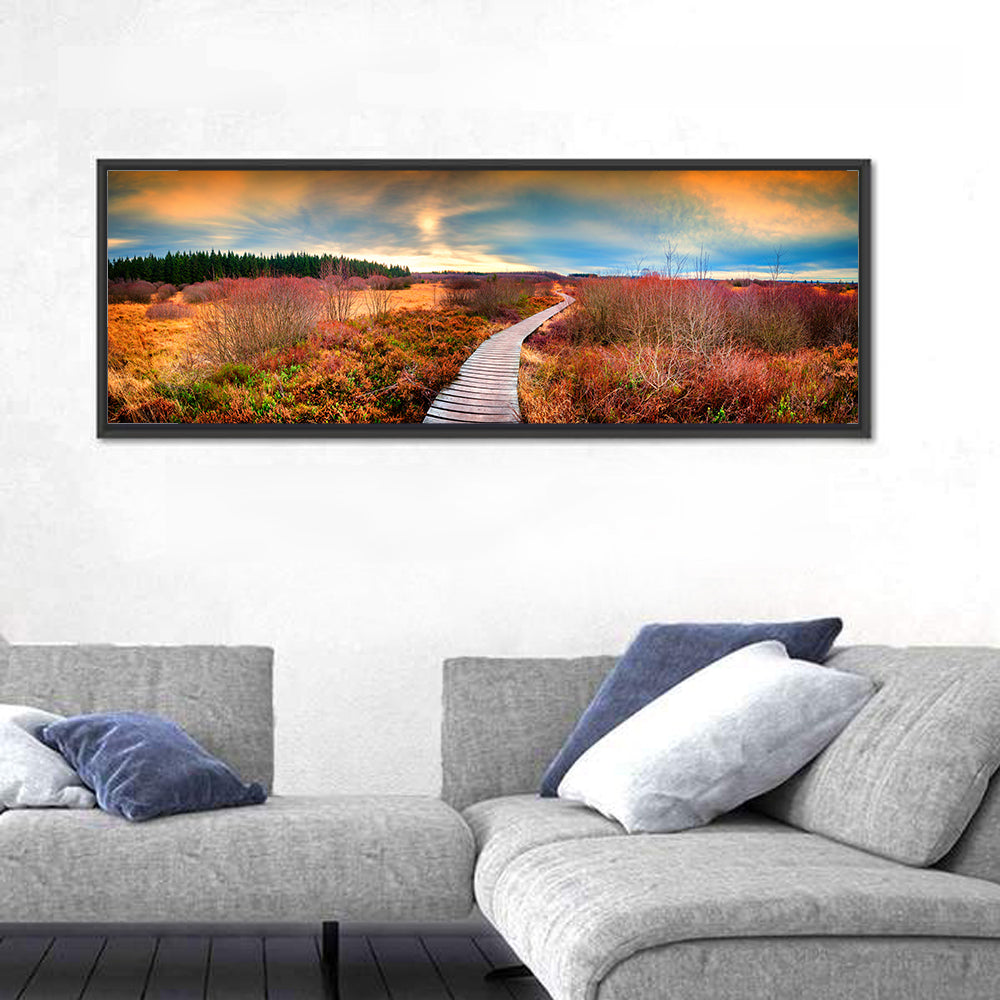 Autumn Heathland Boardwalk Wall Art in a room, panoramic