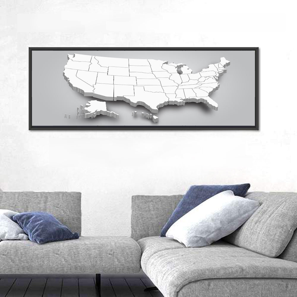 3d USA Map with Alaska and Hawaii Wall Art in a room, panoramic