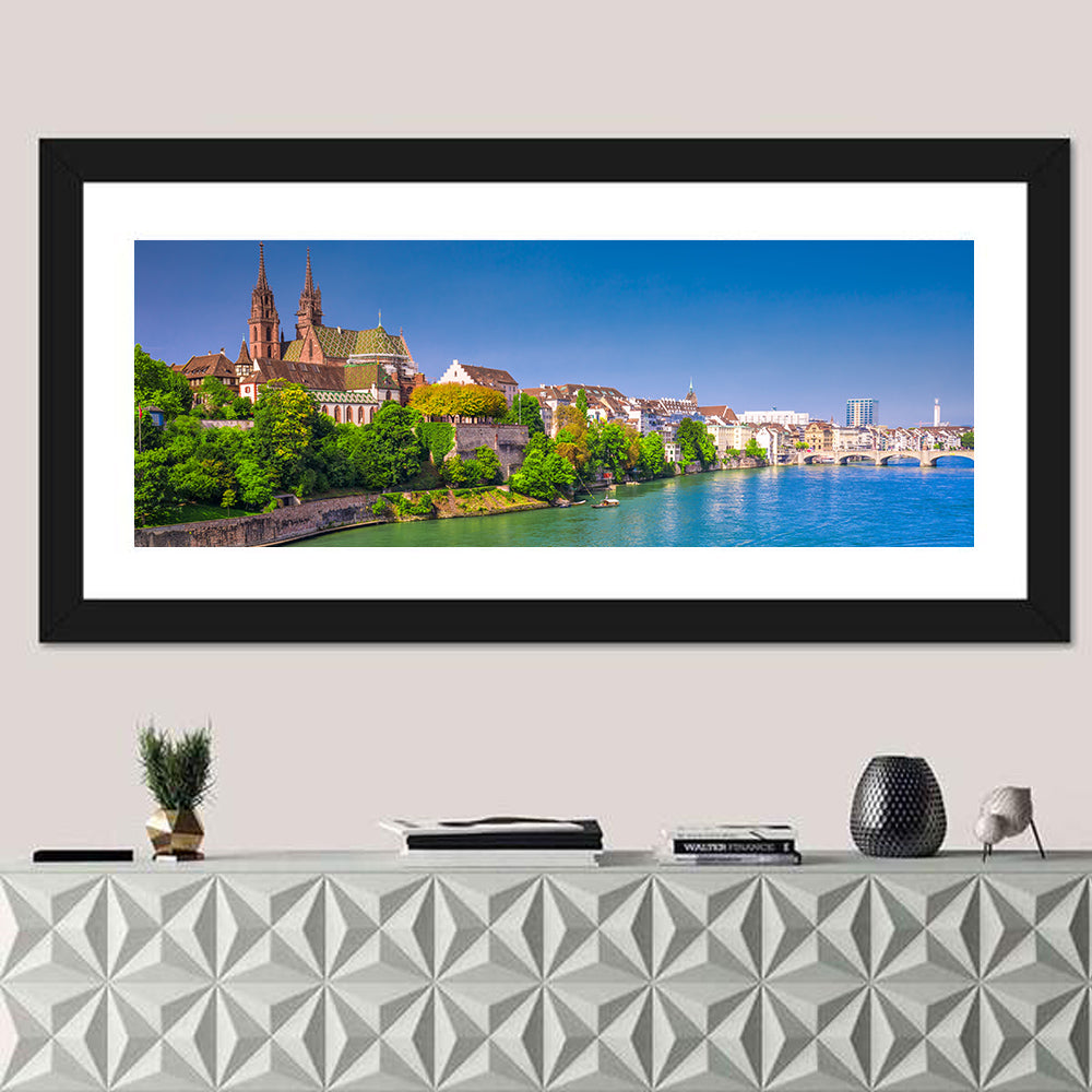 Basel Old City Riverside Wall Art in a room, panoramic