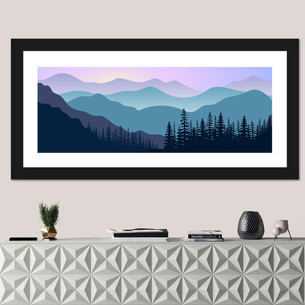 Purple Dawn Mountain Range Wall Art in a room, panoramic