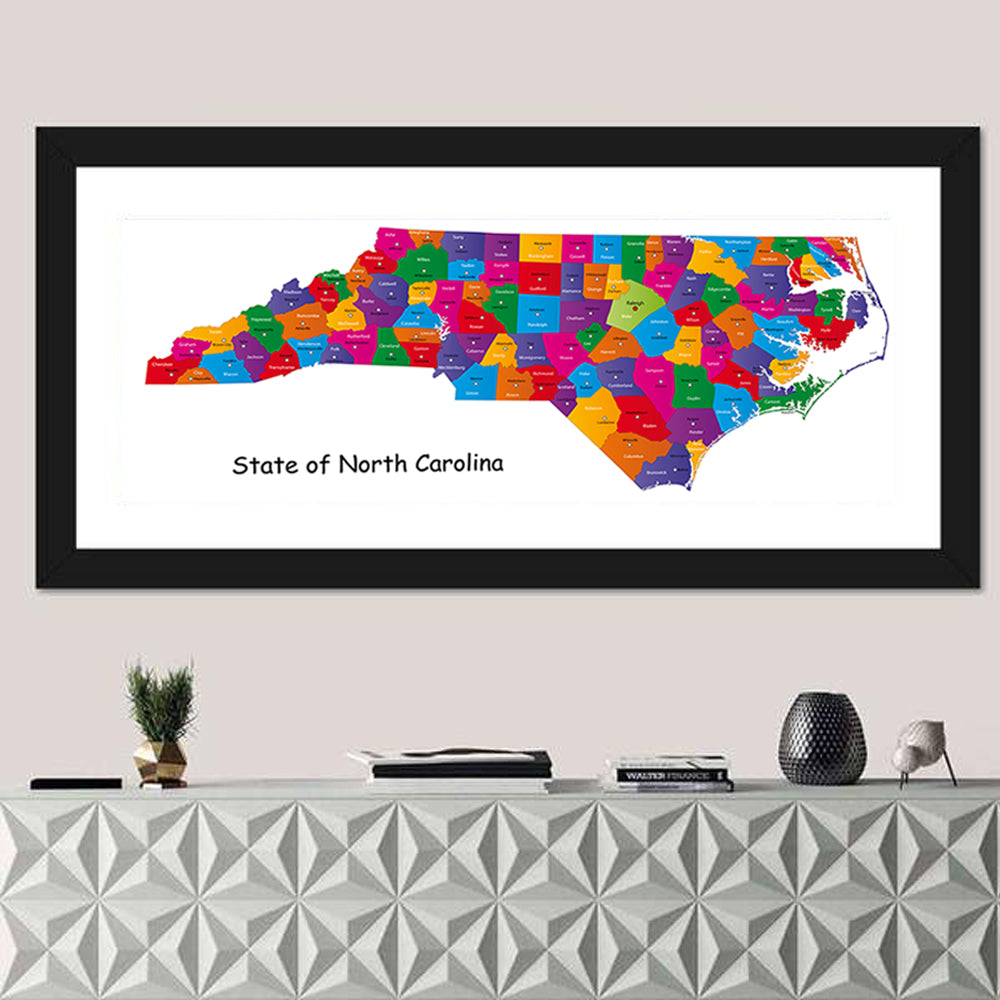 Colorful North Carolina Map Wall Art in a room, panoramic