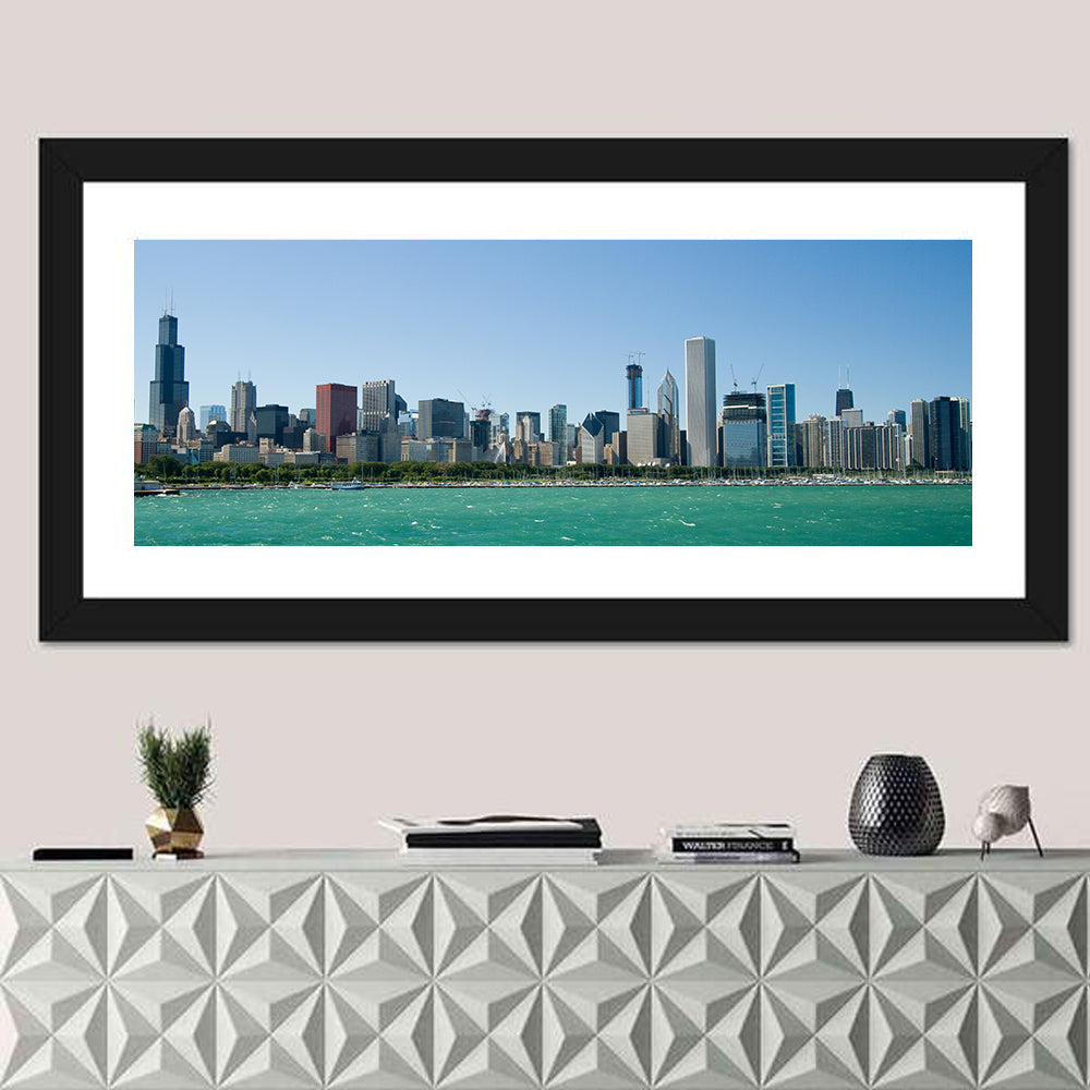 Chicago Skyline with Willis Tower Wall Art in a room, panoramic