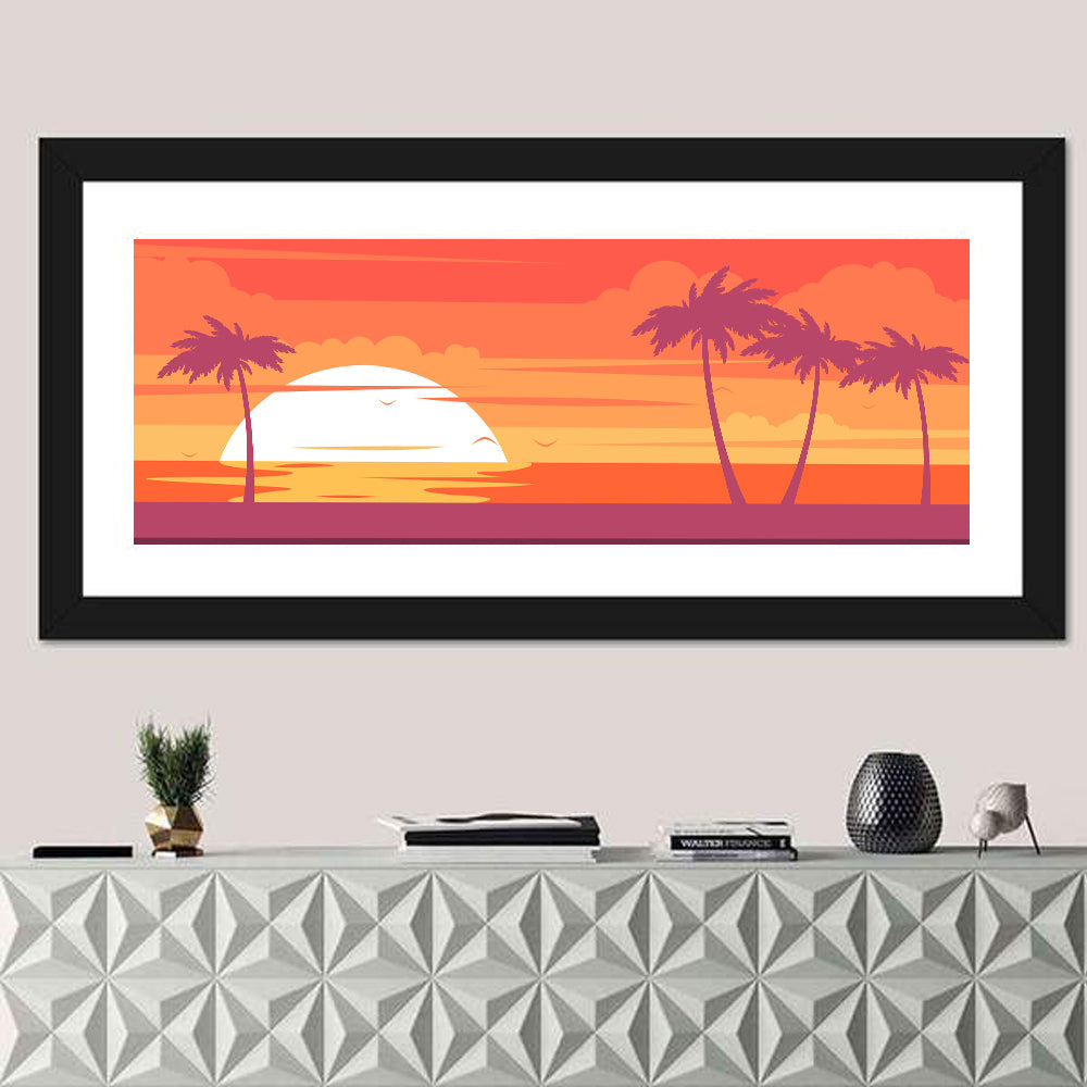 Tropical Sunset with Palm Silhouettes Wall Art in a room, panoramic