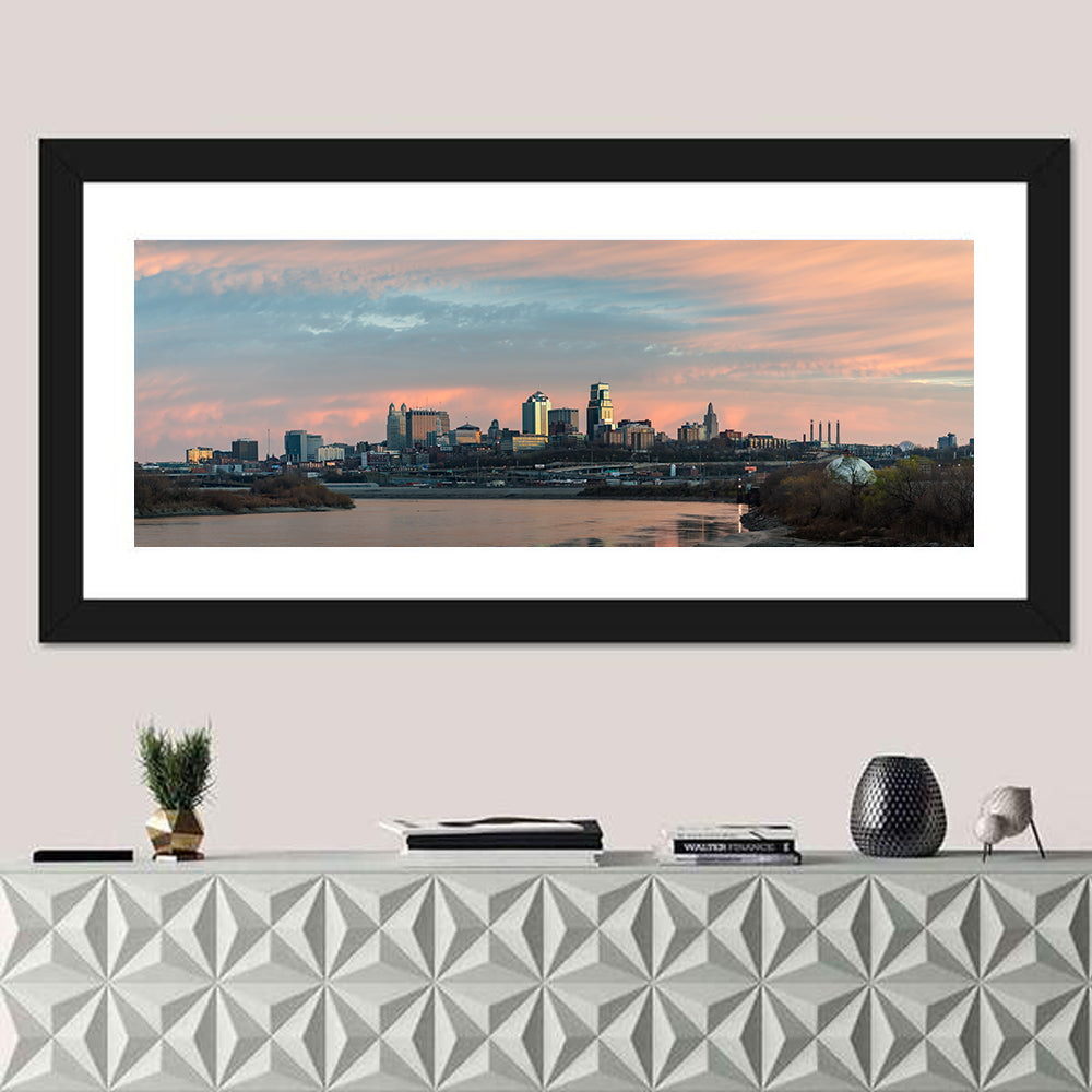 Kansas City Sunset Skyline Wall Art in a room, panoramic