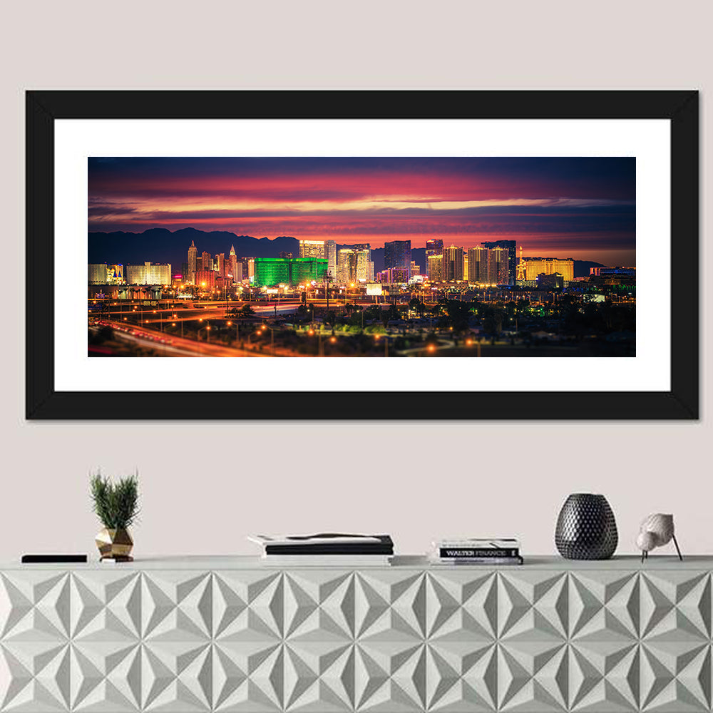 Las Vegas Twilight Skyline Wall Art in a room, panoramic