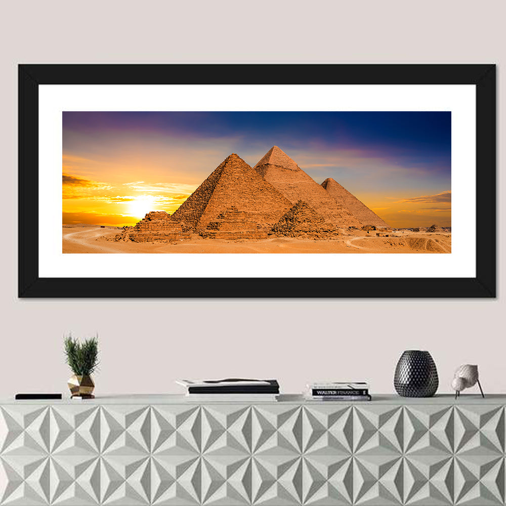 Giza Pyramids at Sunset Wall Art in a room, panoramic