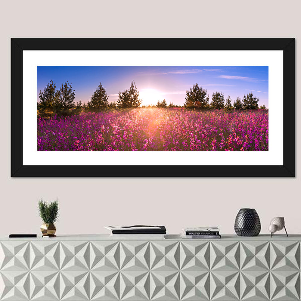 Sunrise Wildflower Meadow Wall Art in a room, panoramic
