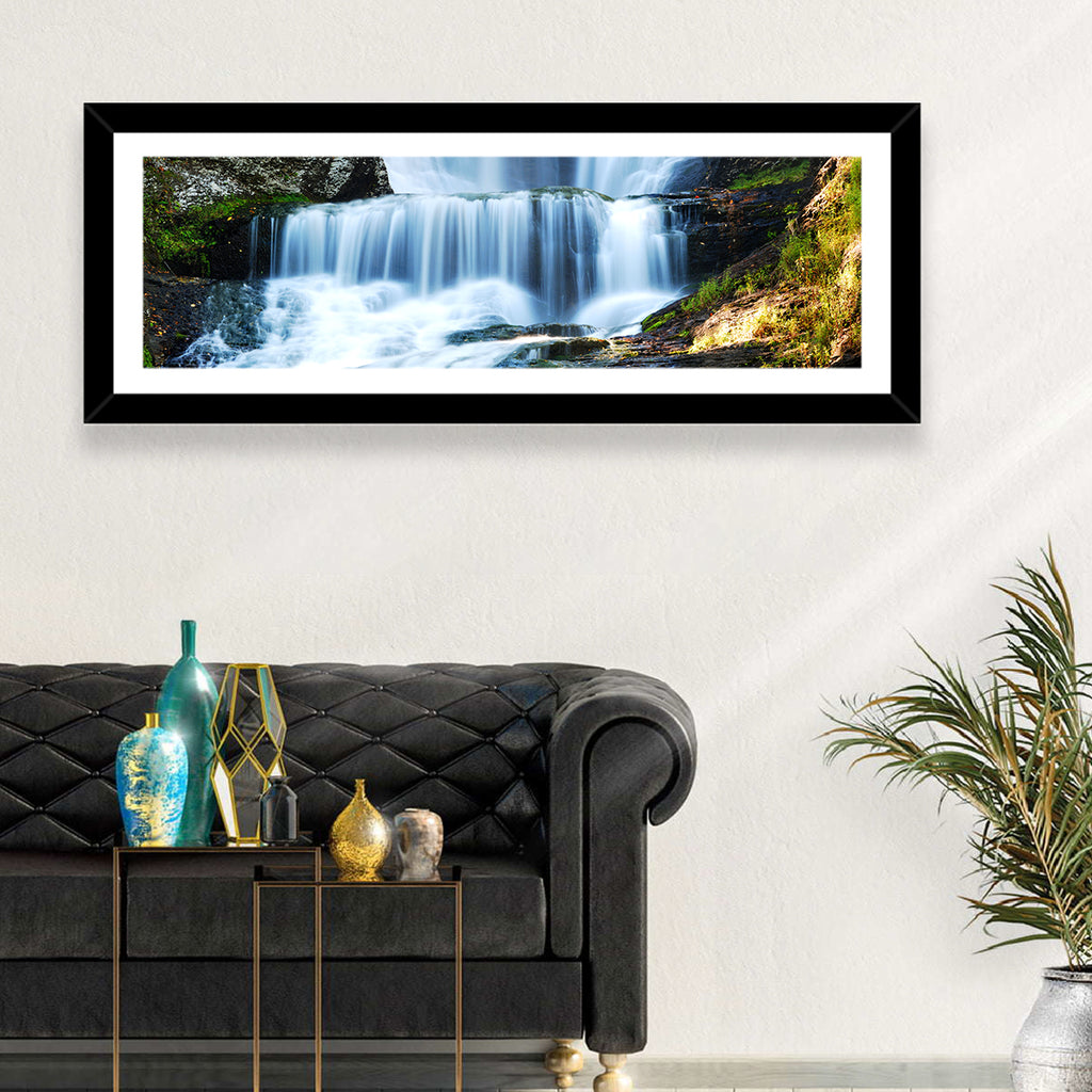 White Waterfall Over Mossy Rocks Wall Art