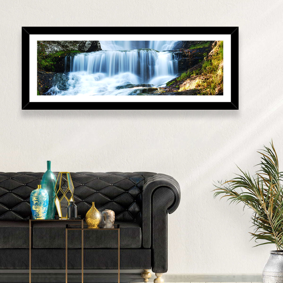 White Waterfall Over Mossy Rocks Wall Art
