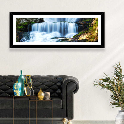 White Waterfall Over Mossy Rocks Wall Art