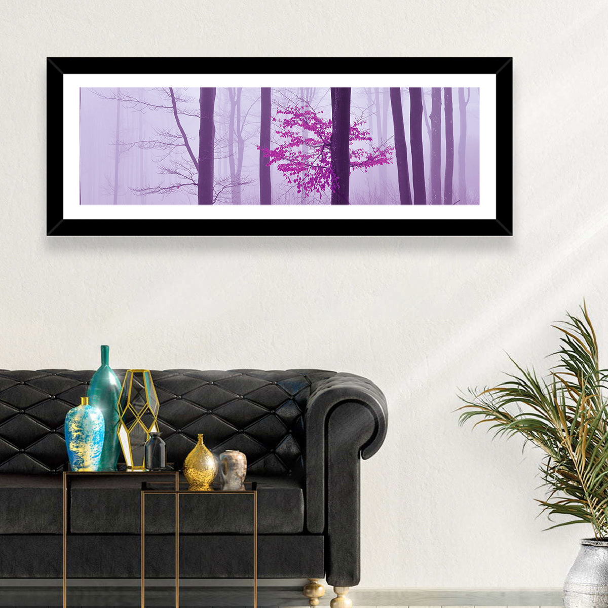 Magenta Tree in Foggy Forest Wall Art in a room, panoramic