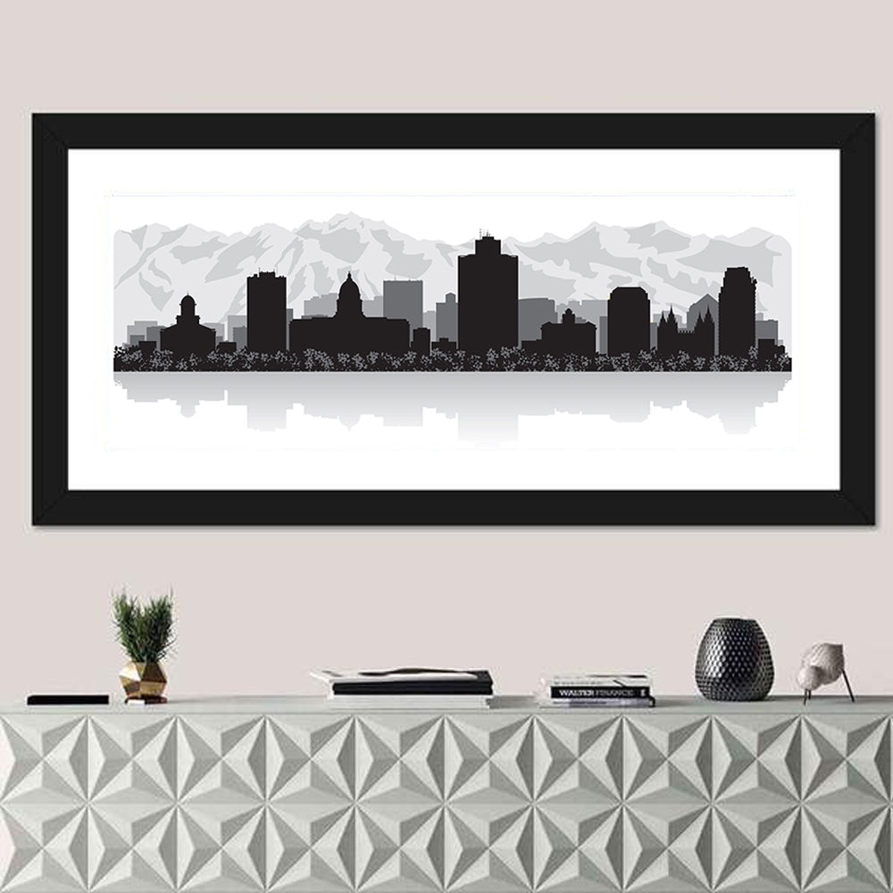 Salt Lake City Skyline Wall Art in a room, panoramic
