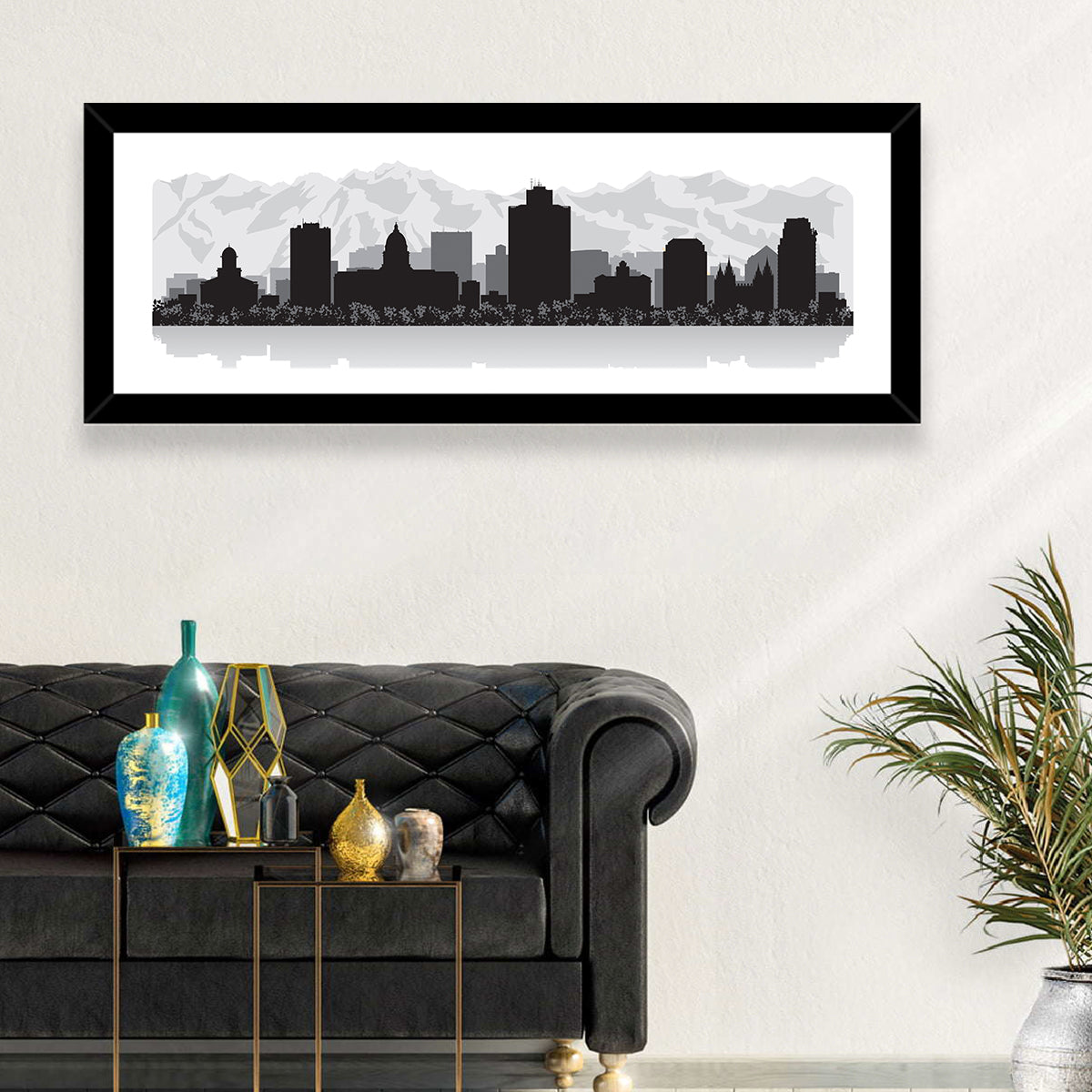 Salt Lake City Skyline Wall Art in a room, panoramic