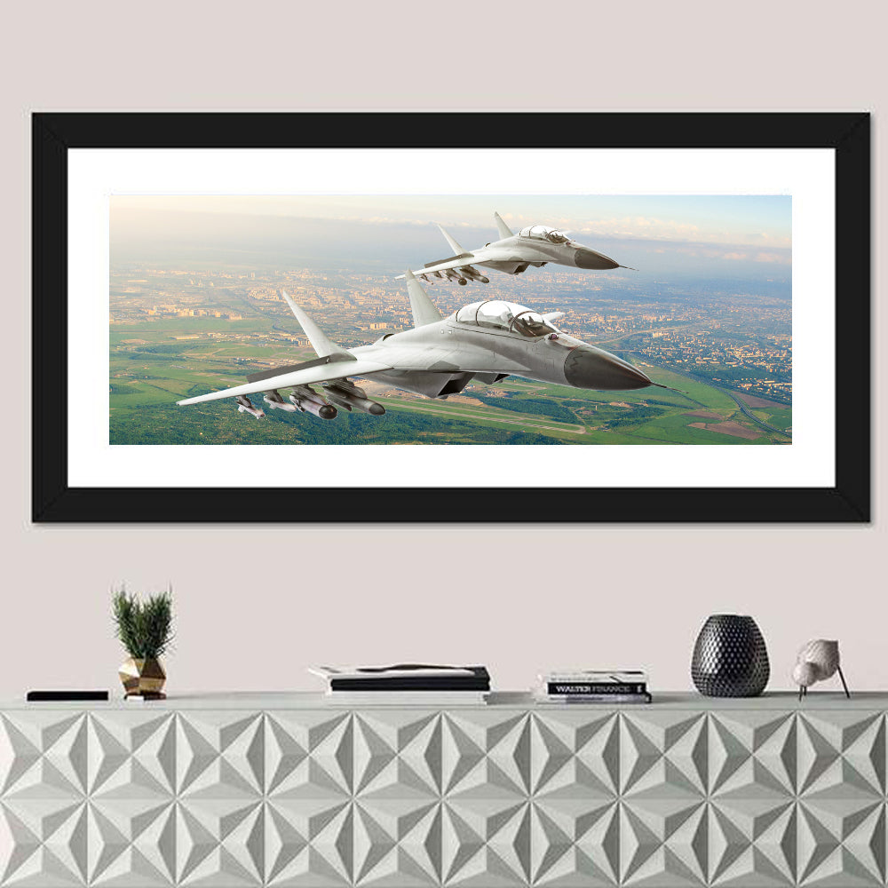Twin Fighter Jets Over Cityscape Wall Art