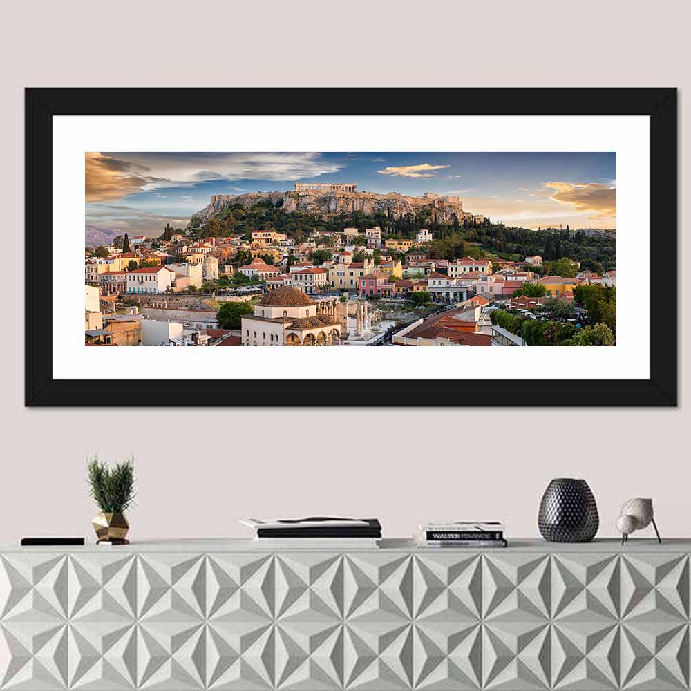 Acropolis and Parthenon Over Athens at Golden Hour Wall Art in a room, panoramic