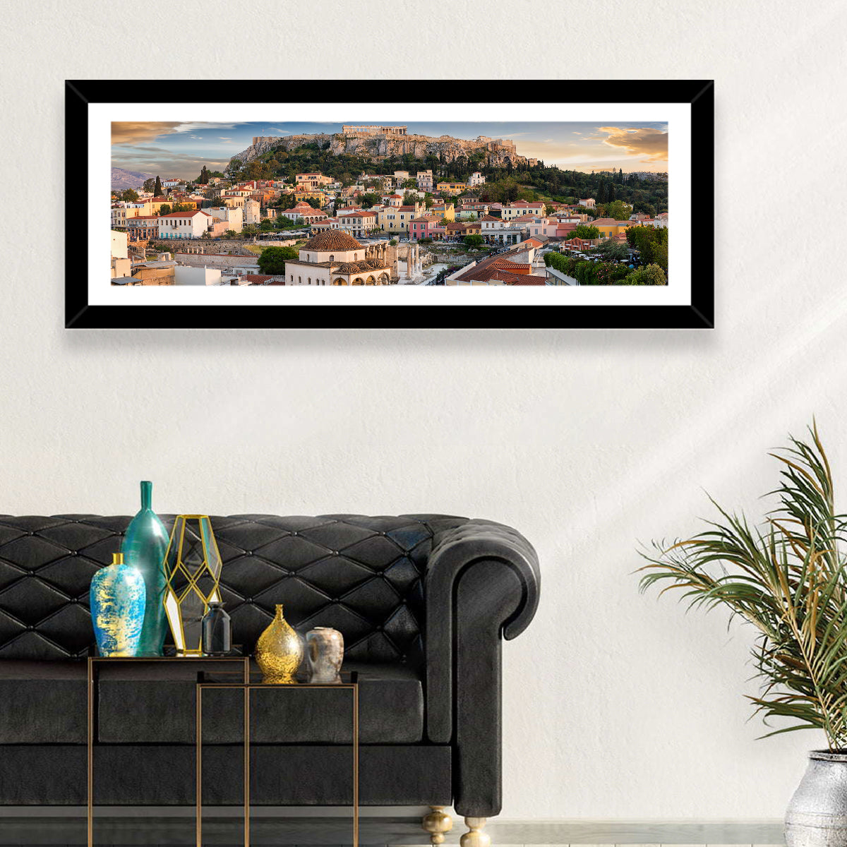 Acropolis and Parthenon Over Athens at Golden Hour Wall Art in a room, panoramic