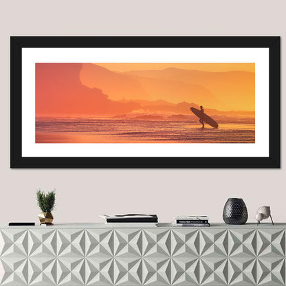 Surfer Silhouette at Golden Sunset Wall Art