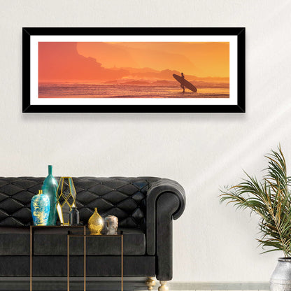 Surfer Silhouette at Golden Sunset Wall Art