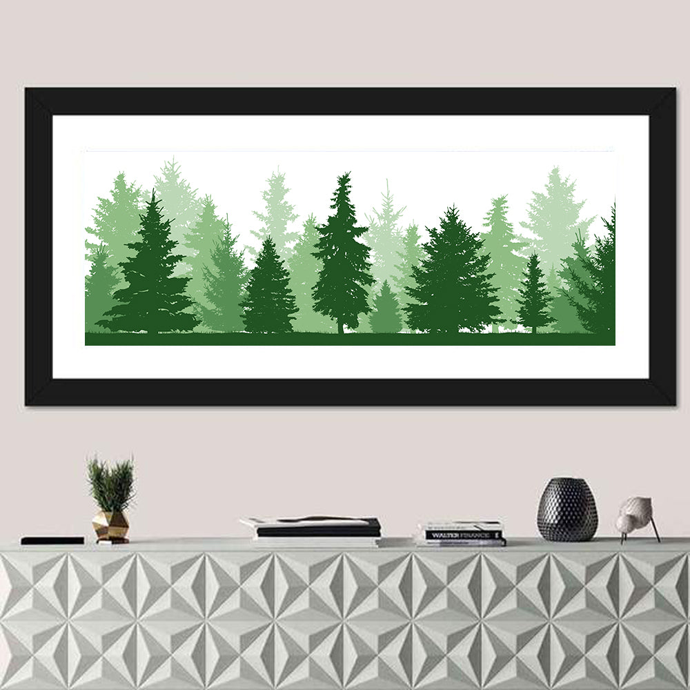 Layered Pine Forest Silhouette Wall Art in a room, panoramic