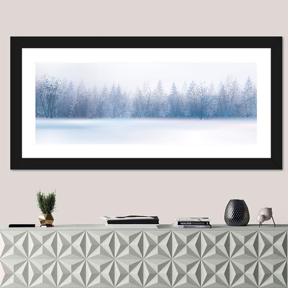 Misty Winter Forest Illustration Wall Art in a room, panoramic