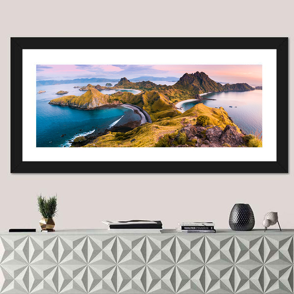Padar Island Sunrise View Wall Art in a room, panoramic