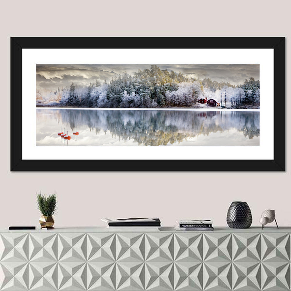 Red Cottage by a Frozen Lake Wall Art
