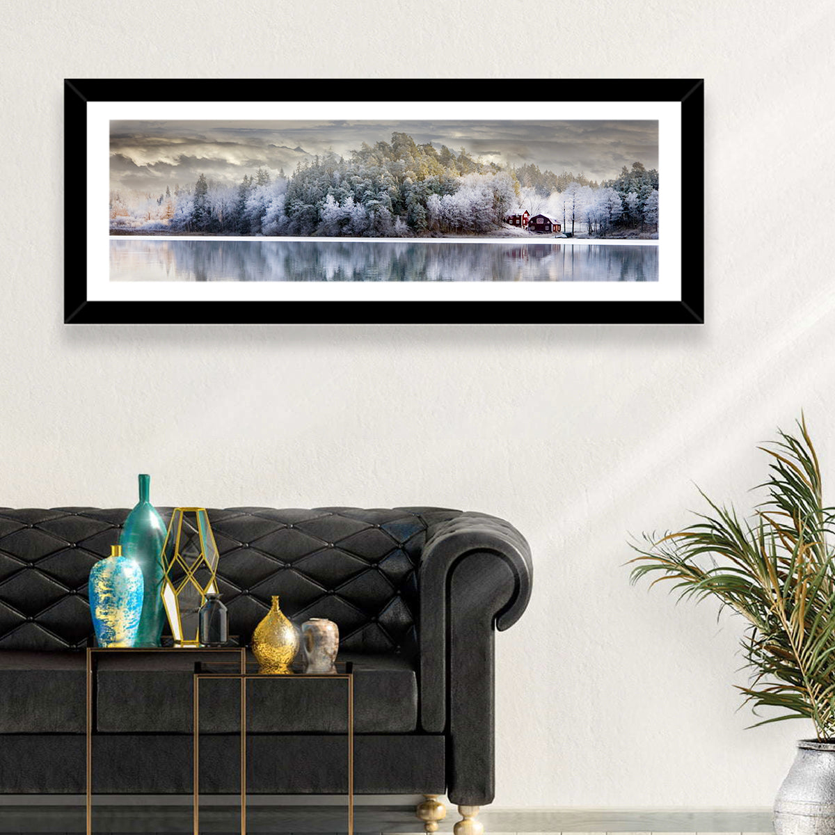 Red Cottage by a Frozen Lake Wall Art