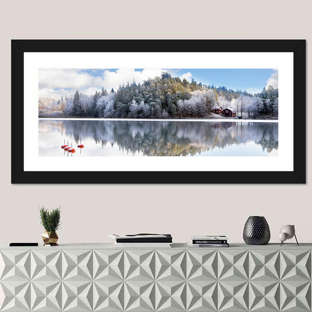 Red Cottages on Winter Lake Wall Art
