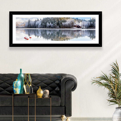 Red Cottages on Winter Lake Wall Art