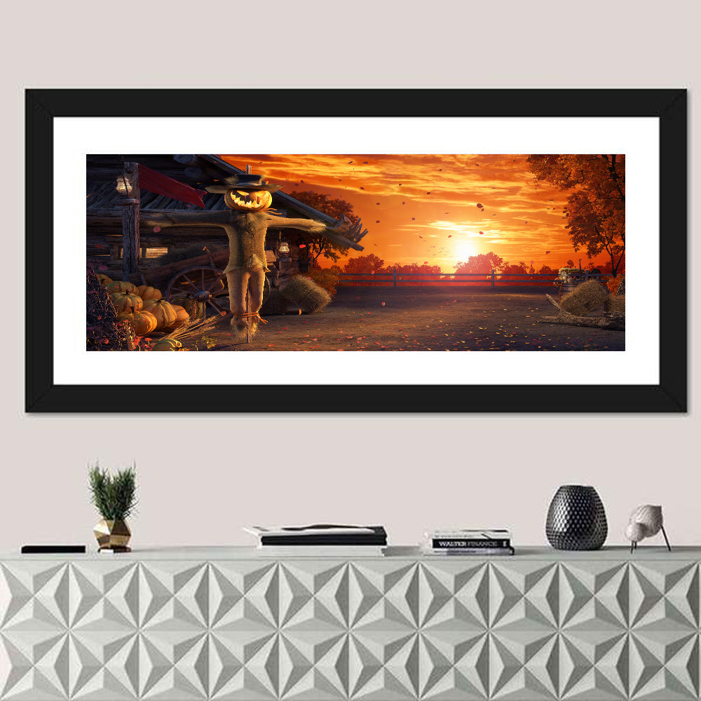 Glowing Pumpkin Scarecrow at Dusk Wall Art in a room, panoramic