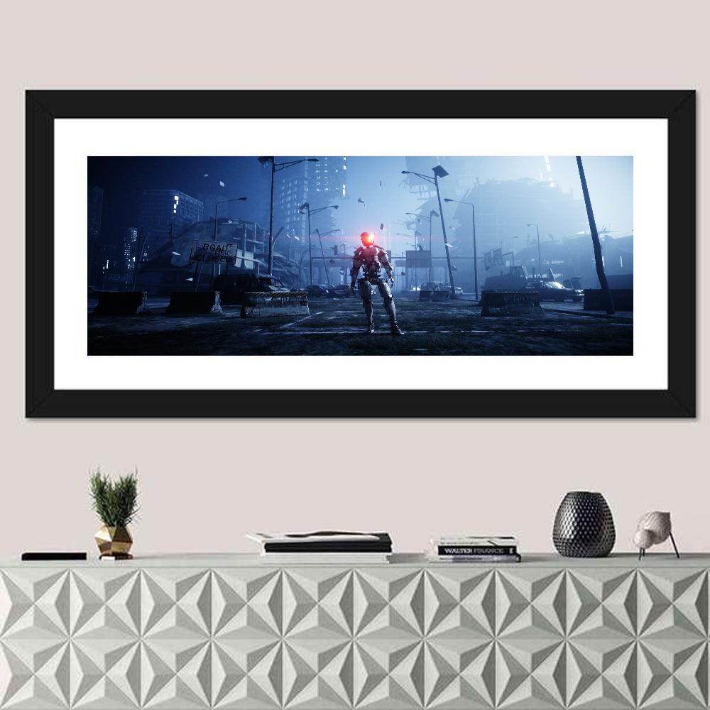 Alien Robot in Ruined City Wall Art in a room, panoramic