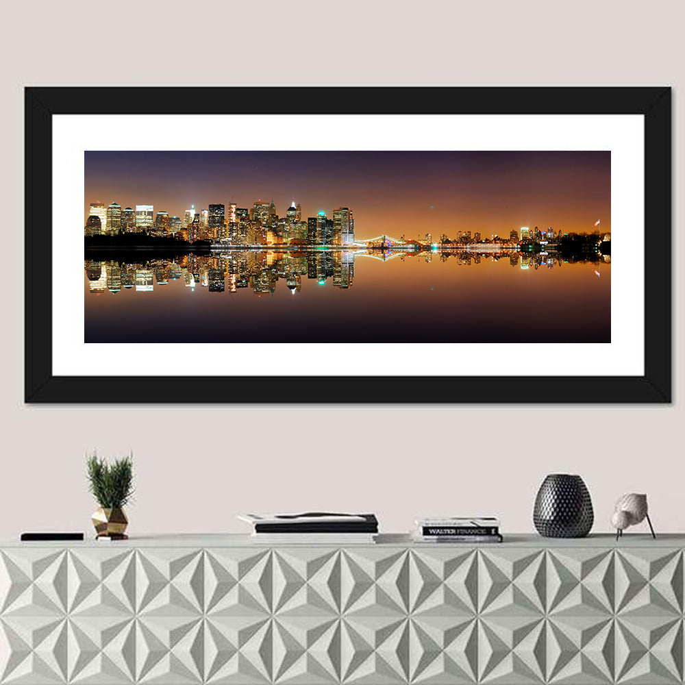 Manhattan Twilight Reflection Wall Art in a room, panoramic
