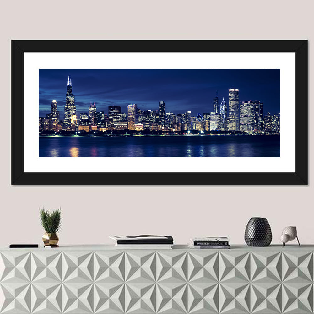 Chicago Night Skyline with Willis Tower Wall Art in a room, panoramic
