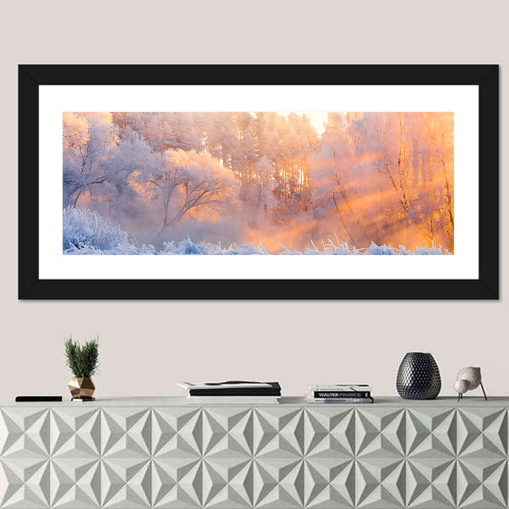 Sunlit Winter Forest Wall Art in a room, panoramic
