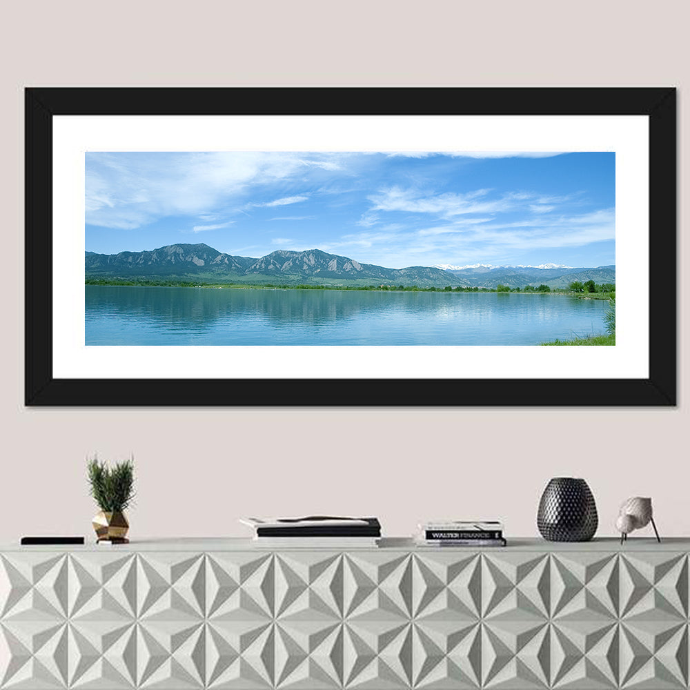 Boulder Reservoir and Flatirons Wall Art in a room, panoramic