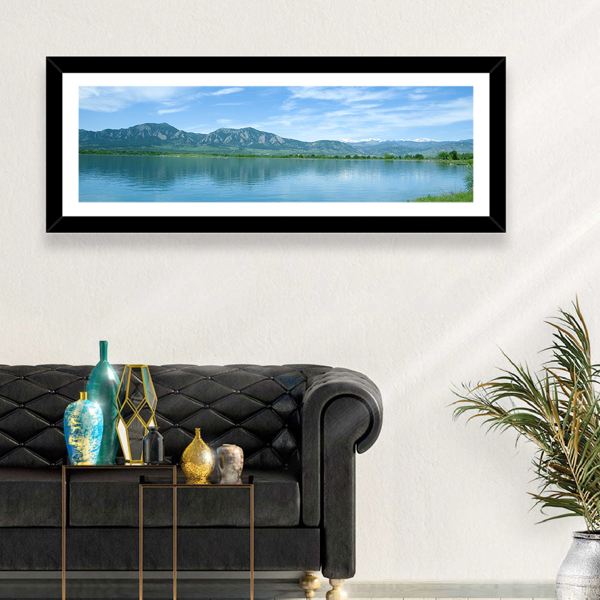 Boulder Reservoir and Flatirons Wall Art in a room, panoramic
