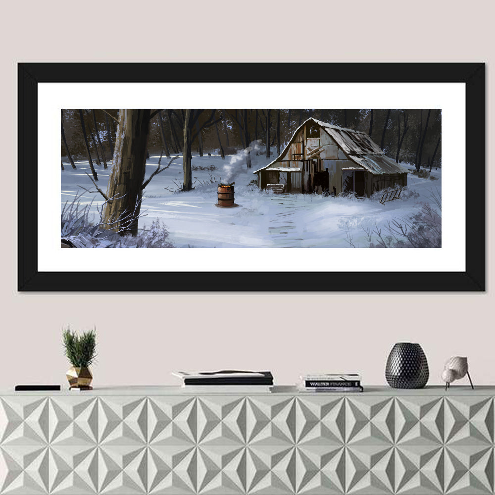 Snowy Barn in Winter Forest Wall Art in a room, panoramic